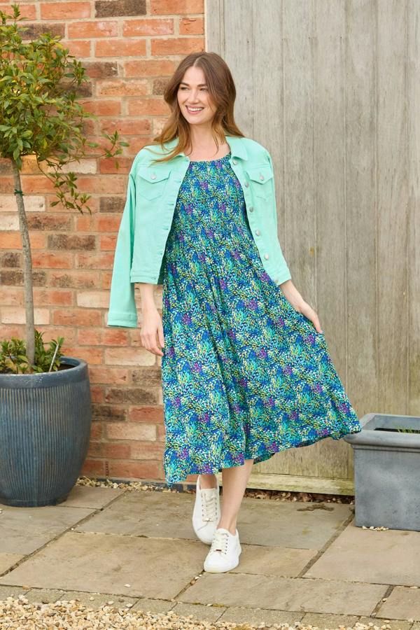 Mudflower Dotty Print Shirred Bodice Midi Dress
