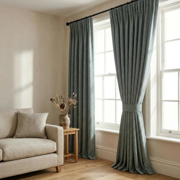 Toulouse made-to-measure curtains in Pebble, styled in a living room