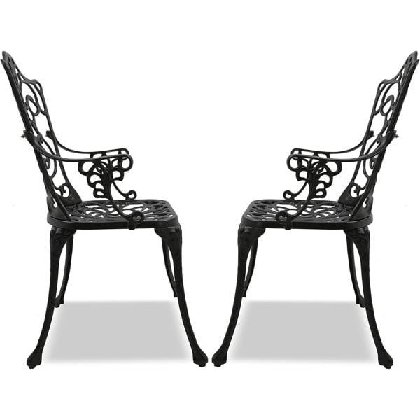 Homeology Tabreez 2-Large Garden and Patio Bistro Chairs with Armrests in Cast Aluminium Black