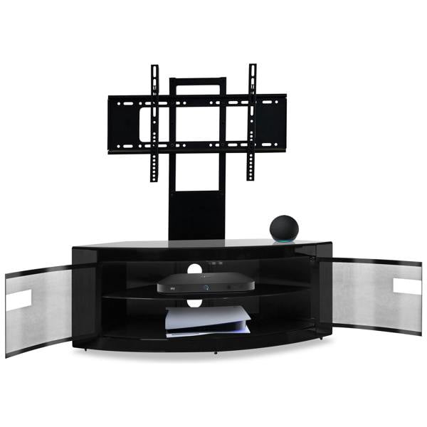 Homeology PANGEA Gloss Black Beam-Thru Curved True-Corner 32"-50" TV Cabinet with Mounting Arm