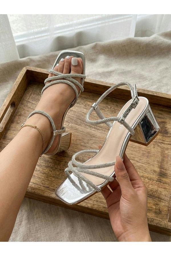 Willow Rhinestone Block Heel Sandals - Silver