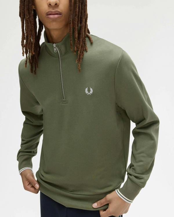 Fred Perry Mens Half Zip Sweatshirt - Laurel Wreath Green/Ecru/Dusky Blue 87B | CHO | Designer Mens Sweatshirts