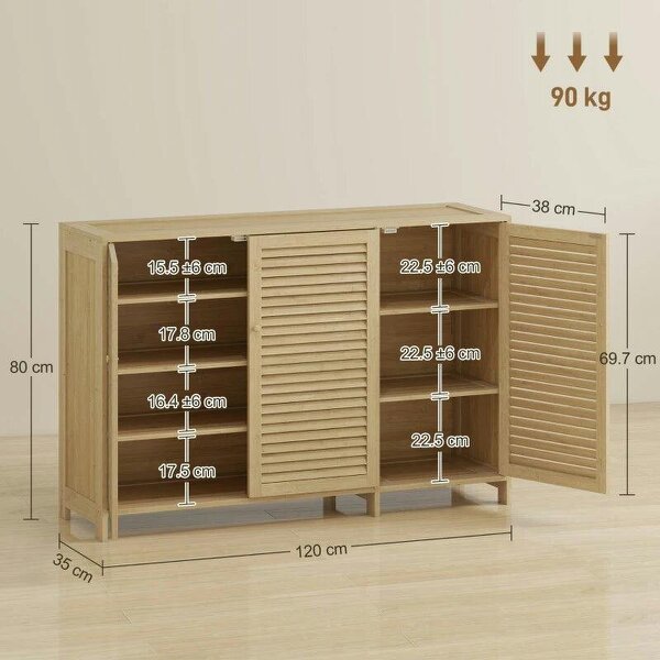 Bobobiy Bamboo Shoe Cabinet with Louvered Doors, 18 Pairs Shoe Storage Cabinet with Adjustable Shelves for Hallway, Natural