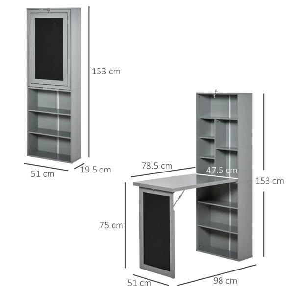 Grey folding convertible desk with open shelves and dimension labels in cm