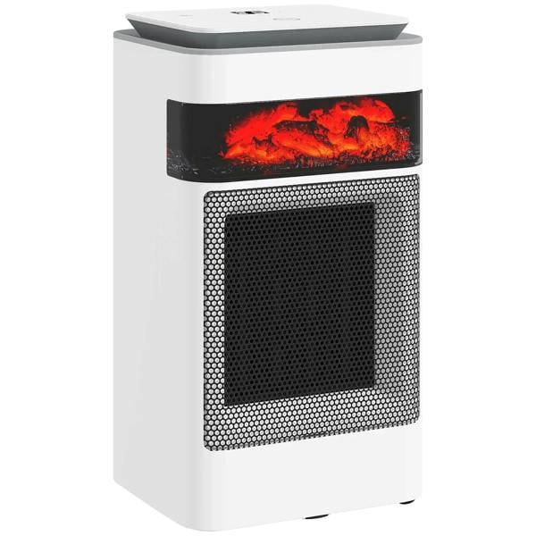 White ceramic electric space heater with flame-effect window and front grille