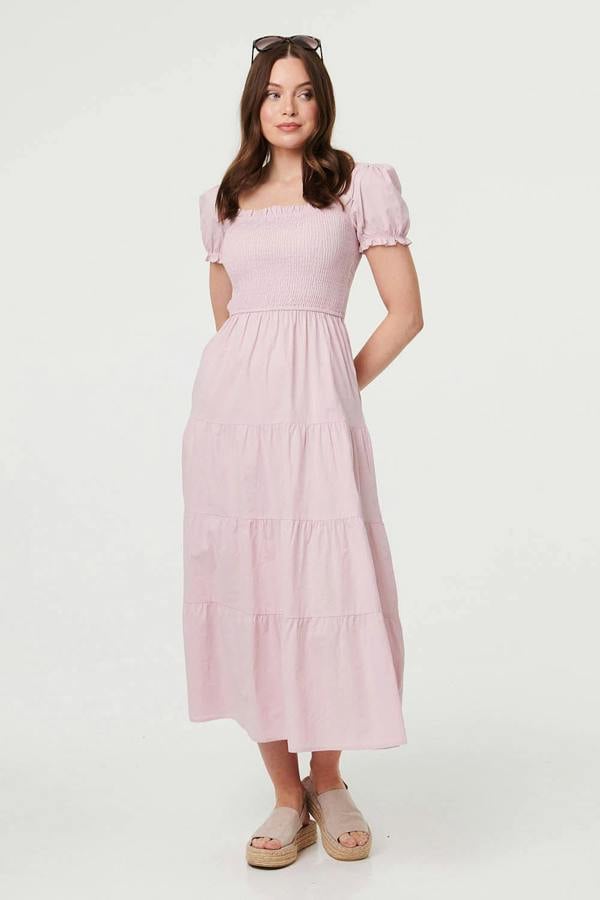 Pink | Tiered Shirred Puff Sleeve Midi Dress