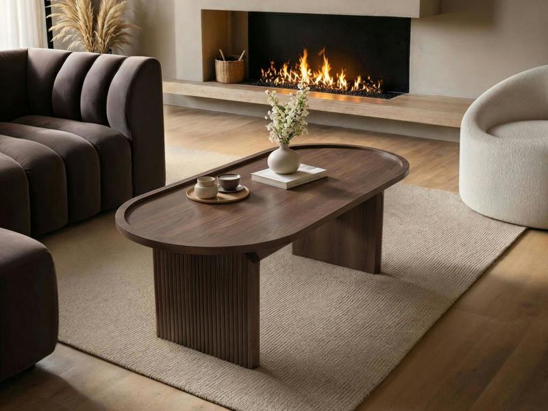 Varm Ribbed Wooden Oval Coffee Table Walnut