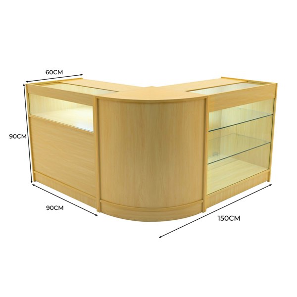 Triton LED Shop Counter Set in maple finish, featuring a curved design, glass display shelves, and integrated lighting for visibility