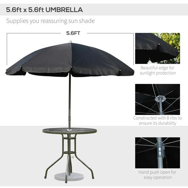 Black umbrella with 5.6ft canopy above round tempered-glass table with umbrella hole