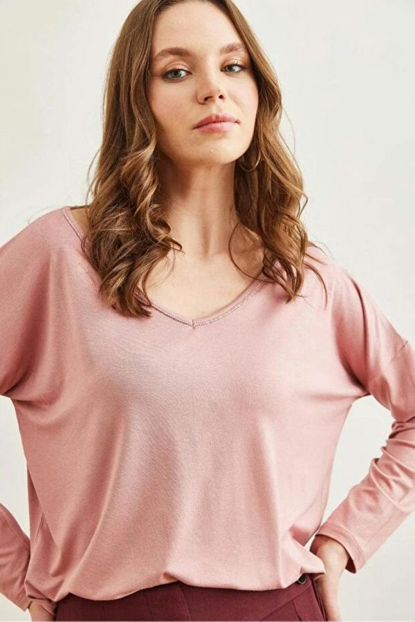Hoxton Gal V-Neck Viscose Blouse with Silver Stitching Details