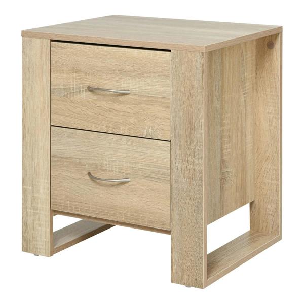 Light brown bedside table with two drawers and metal bar handles, raised legs base