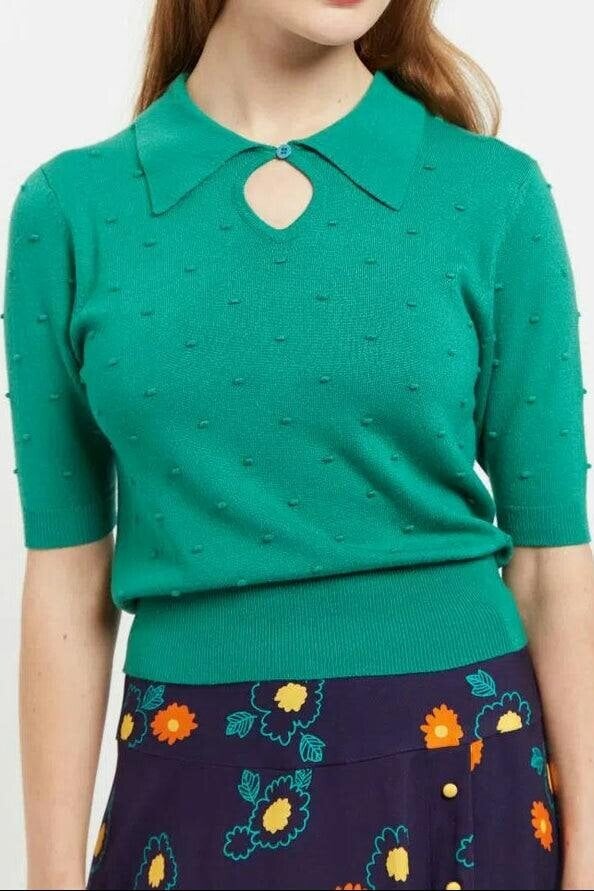Louche Josephina Raindrops Textured Short Sleeve Collared Sweater Green - Green