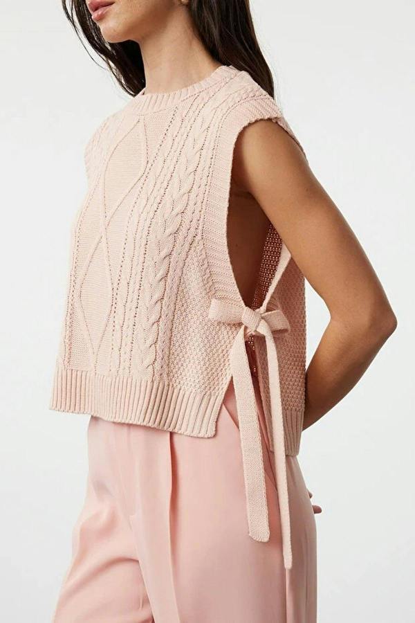 WOVCOR Crop Knit Sweater with Side Ribbon Tie Detail