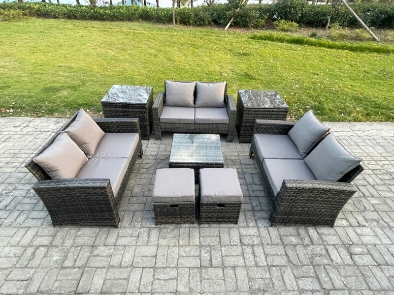 Fimous Outdoor Lounge Sofa Set - Dark Grey Mixed PE Wicker Rattan Garden Furniture with Square Coffee Table & 2 Small Footstools