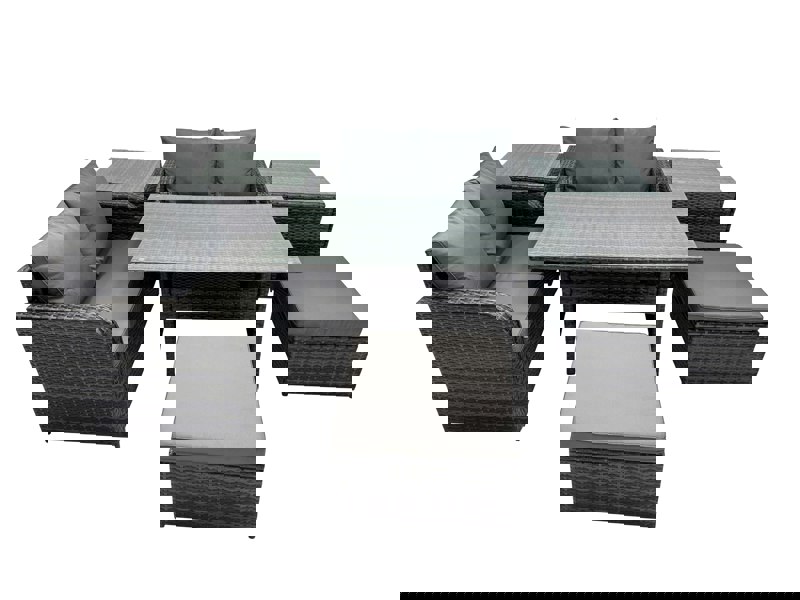 Fimous Wicker PE Rattan Garden Outdoor Furniture Set Love Sofa Dining Table Sets with 2 Side Table 2 Big Stools Dark Grey Mixed