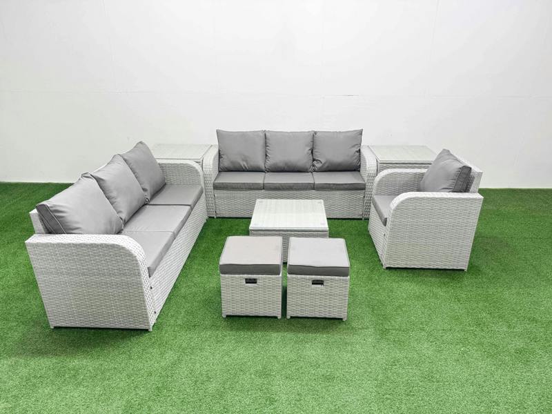 Fimous 9 Seater Rattan Lounge Set, Poly Rattan, Square Coffee Table, 3 Seater Sofas, Reclining Chair, Stools and 2 Side Tables, Light Grey