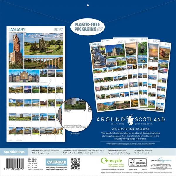 Around Scotland 365 Photos Calendar 2027, Wall Calendars, Month To View, Travel, Gift