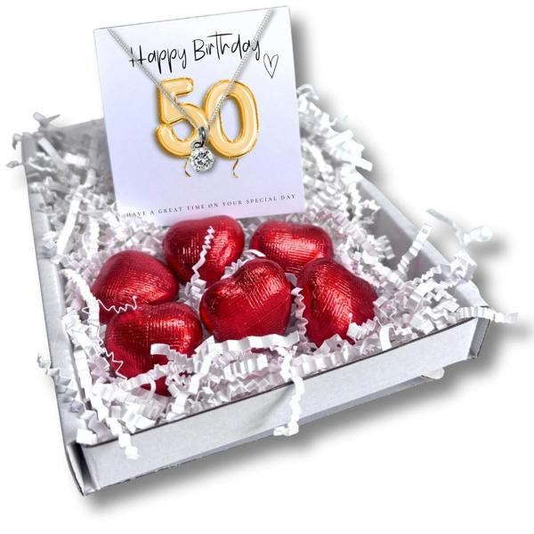 Aye Do Gifts 50th Birthday Necklace Gift Box, Silver Cubic Zirconia & Chocolates