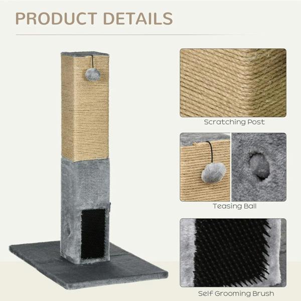 Grey jute scratching climber details: scratching post, teasing ball, self-grooming brush