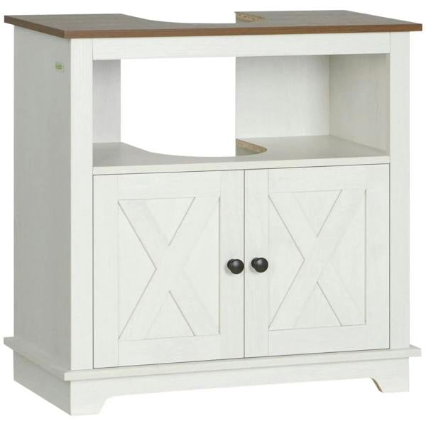 White under-sink cabinet with two front doors and interior storage shelves, shaker panels