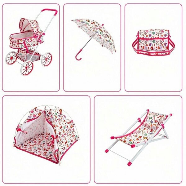 deAO Toys Kids Baby Doll Stroller & Accessories Set – Tent, Beach Chair, Umbrella & Bag, Role‑Play Toy for Girls & Boys Ages 3+