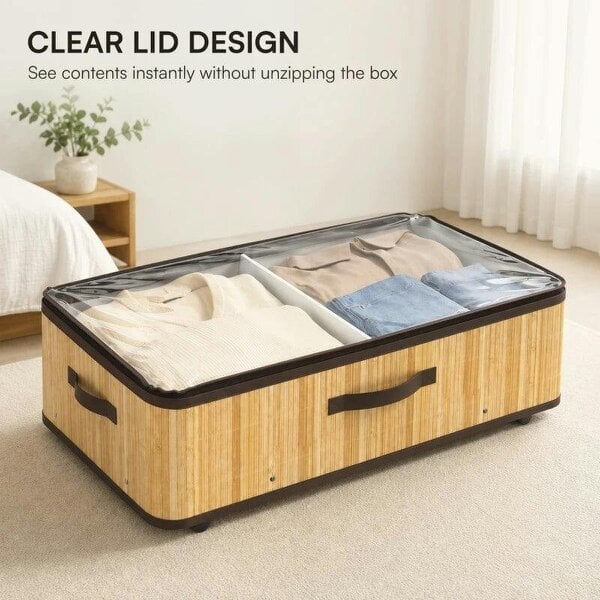 Bobobiy 72L Under Bed Storage with Wheels Pack of 2, Underbed Storage Box with Clear Lid Cover and Reinforced Handle, Natural