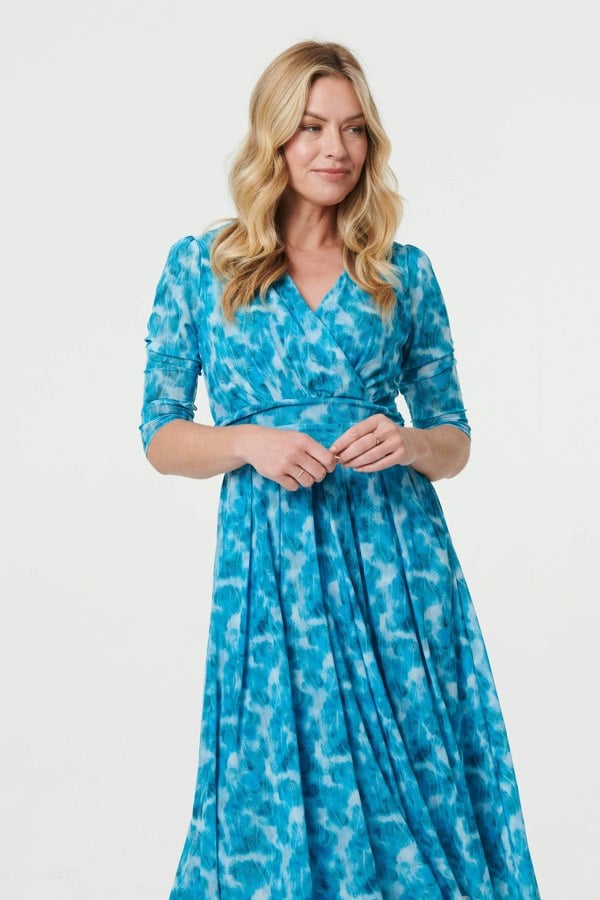 Teal | Printed 3/4 Sleeve Midi Faux Wrap Dress
