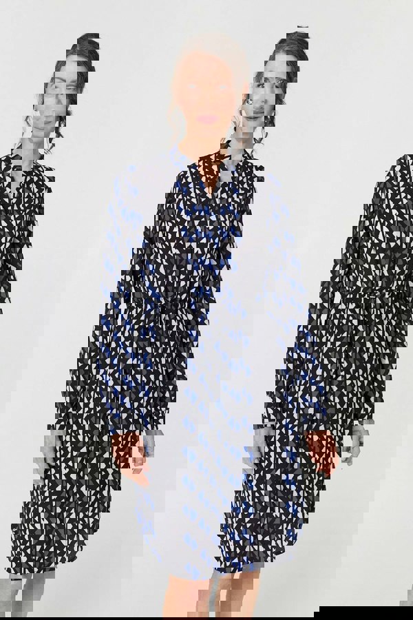 Blue | Geo Print Tie Waist Knee Length Dress
