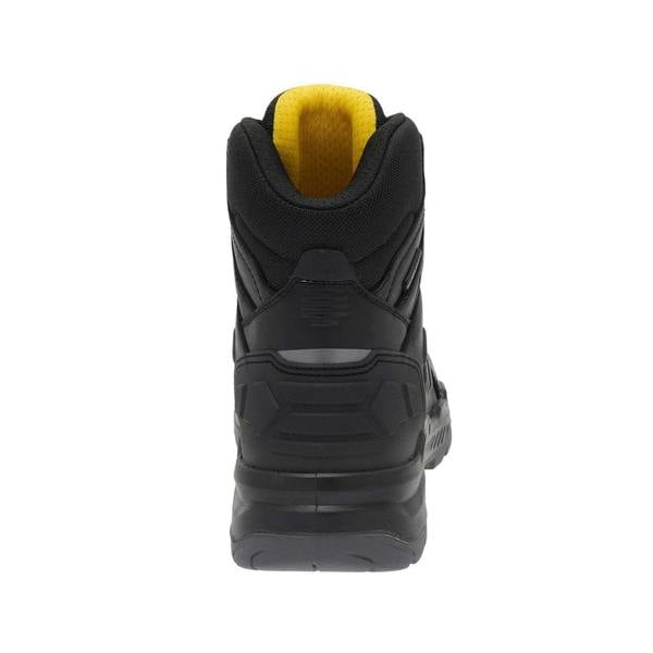 Stanley Michigan Mens Fitgo Lacing System Waterproof S7 Safety Boots, rear view of black safety boots with yellow inner lining designed for durability and safety