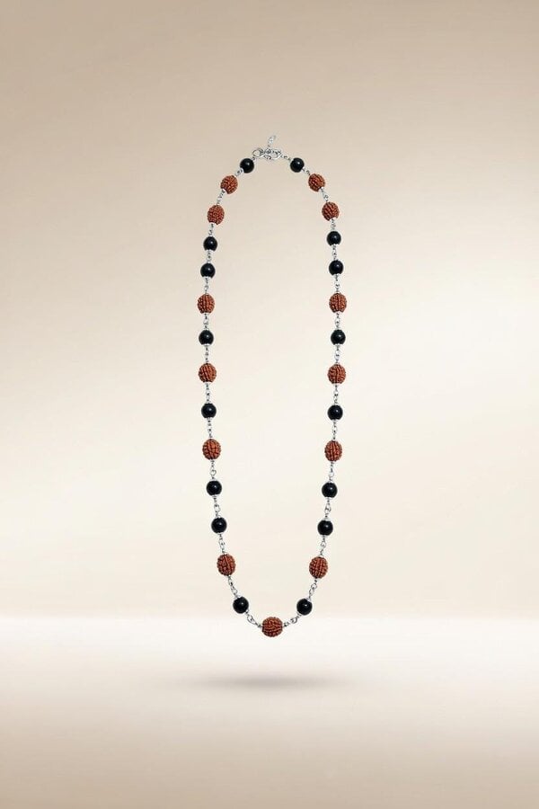 The Colourful Aura Silver Plated Rudraksha & Black Spiritual Necklace