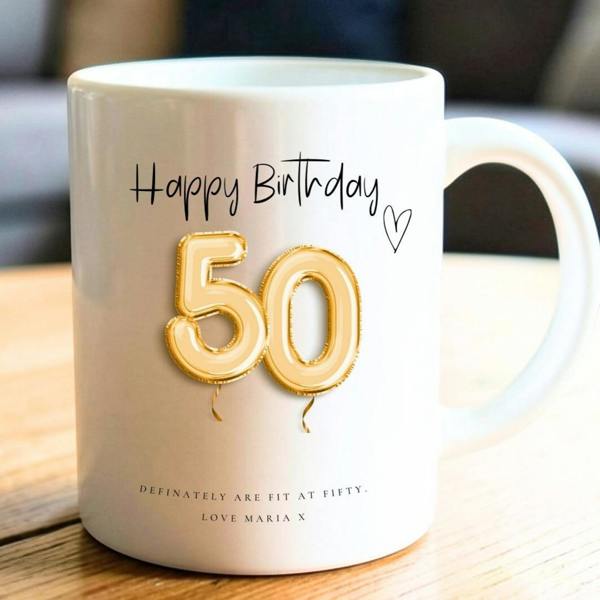 Personalised 50th Birthday Gold Balloons Mug