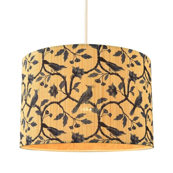 Modern Bamboo Pendant Light Shade with Blue Birds and Floral Decor Image 1