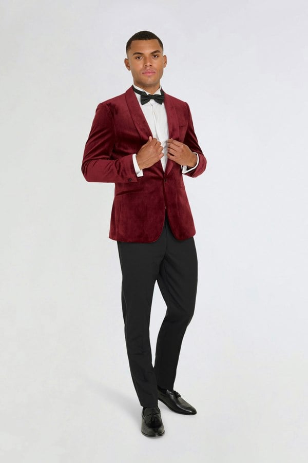 Harry Brown London Leo Velvet Tuxedo Dinner Jacket with Shawl Lapel Detail in Burgundy