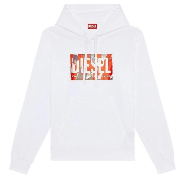 Diesel Mens Torn Logo Hoodie - White - 