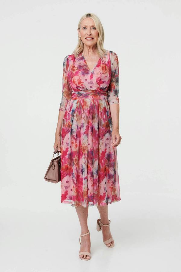 Pink | Floral Mesh Layered Pleated Midi Dress