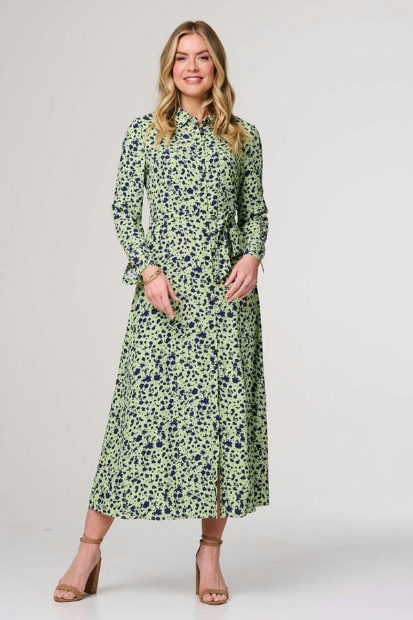 Green | Printed Long Sleeve Midi Shirt Dress
