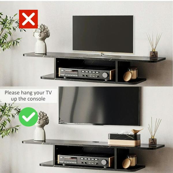 Black floating TV console with open media shelf and two supporting tiers
