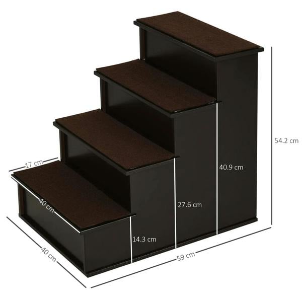 Dark brown pet stairs with 3 steps, carpet treads, and sturdy wooden frame