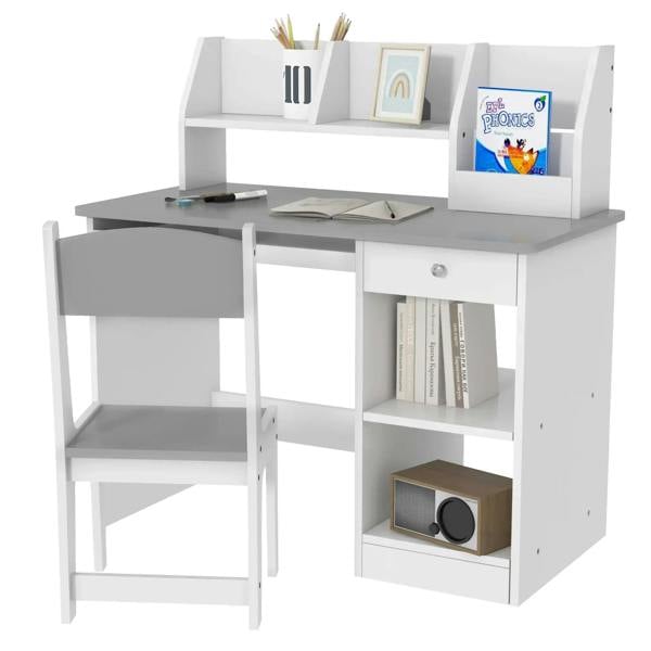 Kids desk and chair set with storage, grey desktop and white shelves