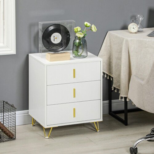 Wyld Haus Renina Set Of 2 Wooden White and Gold Tone 3 Drawer Elegant Storage Bedside Tables