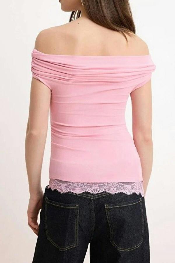 Fitted Carmen Neck Sleeveless Soft Knit Blouse with Lace Detail