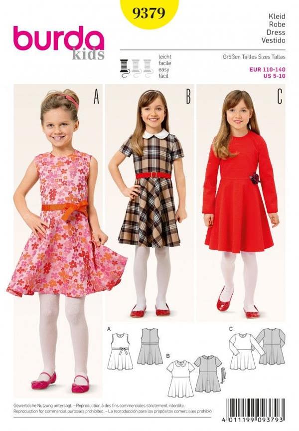 Burda Sewing Pattern 9379 Belts and Dresses For Kids, 5 to 10 - Easy