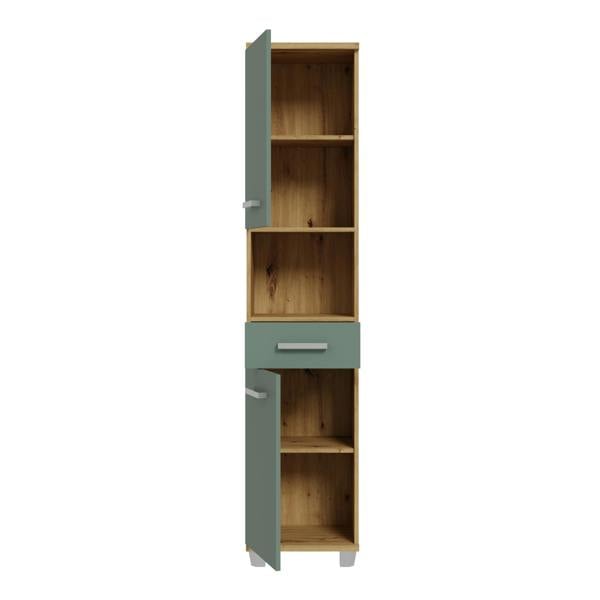 Furniture To Go Veris Tall Narrow Bathroom Cupboard with 2 Doors & 1 Drawer in Artisan Oak and Sage Green