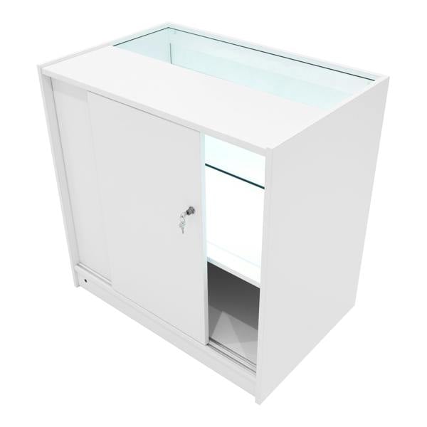 Eclipse LED shop counter set in white with sliding door, glass display shelves, and modern design for retail spaces