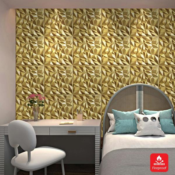 ENER-J 3D PVC Wall Panel, Faceted Diamond Design, Gold, Size: 500x500x1mm | Pack of 4