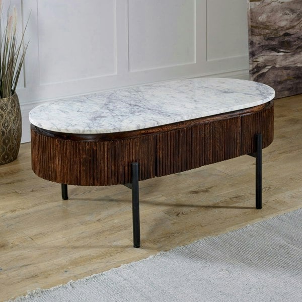 IH Design Miel Mango Wood Rectangular Fluted Coffee Table With Marble Top and Metal Legs