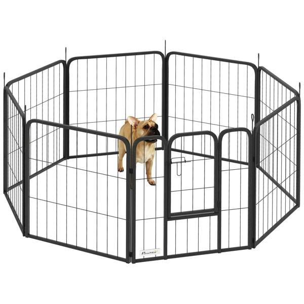 Black eight-panel dog playpen with hinged door, wire mesh panels and frame