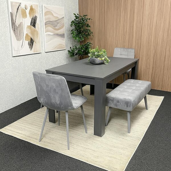 Kosy Koala Modern Dark Grey Dining Table Set with 2 Grey Velvet Chairs And 2 Grey Benches