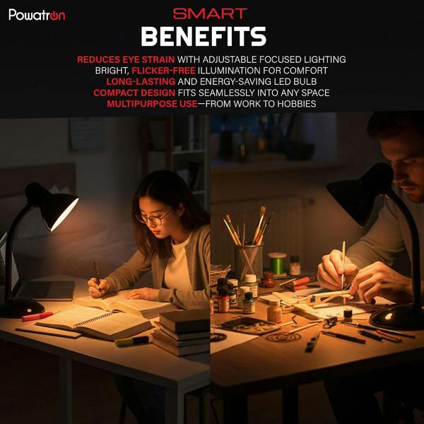 Powatron Flexible Desk Lamp with Bulb Adjustable Neck Metal Construction On/Off Switch & 1.5m Cable W/BS Approved Plug Mains Powered Desk Lamps