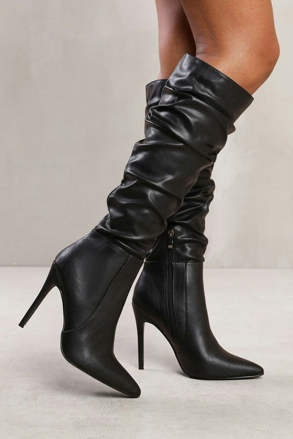 Where's That From Alessia Below Knee High Heel Slouch Boot in Black Faux Leather